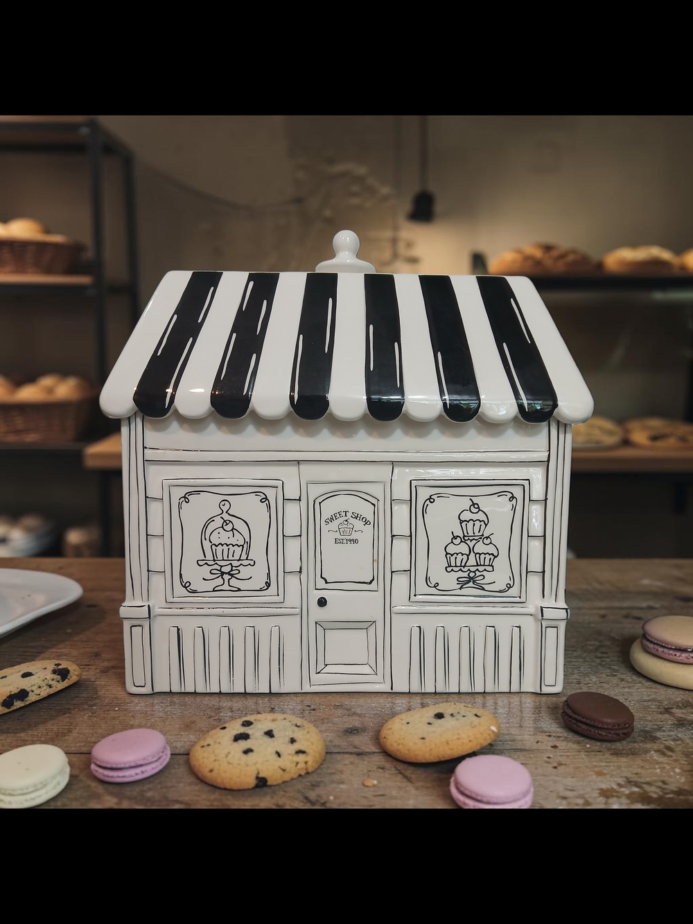 Black & White Ceramic Bakery Cookie Jar - Sweet Shop Design